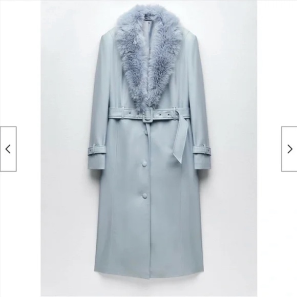 Zara light blue belted faux leather trench coat NWT - Picture 2 of 15
